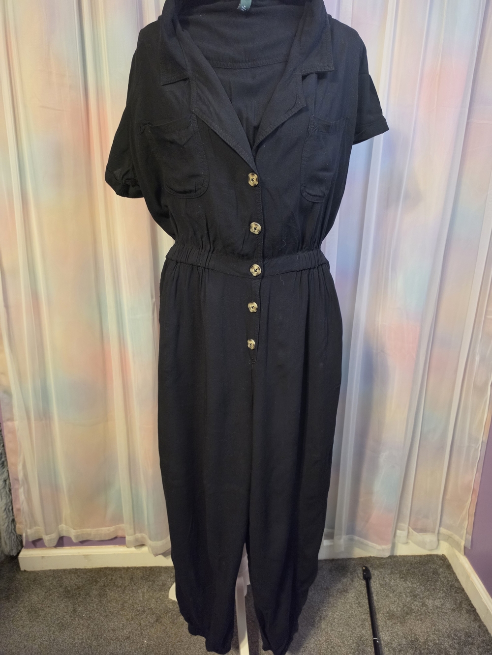 Wild Fable Black Rayon Button-Front Joggers Short-Sleeve Jumpsuit Size Medium